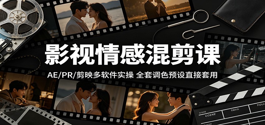 影视情感混剪课：AE/PR/剪映多软件实操，全套调色预设直接套用|小鸡网赚博客