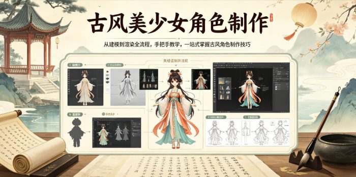 古风美少女角色制作，从建模到渲染全流程，手把手教学，一站式掌握古风角色制作技巧|小鸡网赚博客