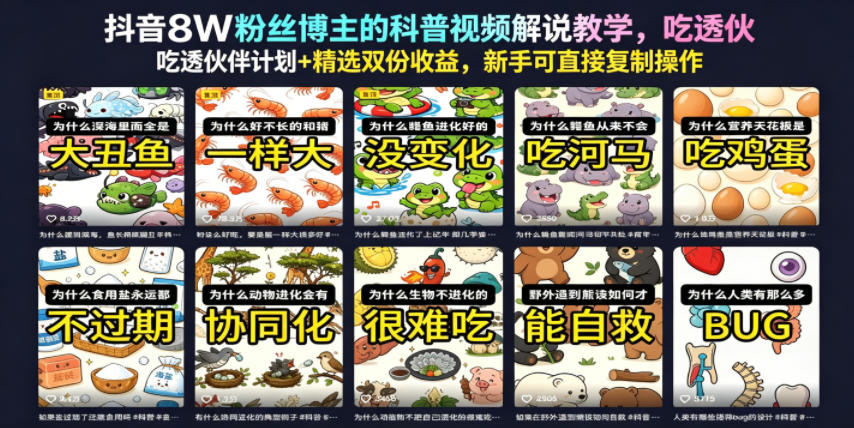 抖音8W粉丝博主的科普视频解说教学，吃透伙伴计划+精选双份收益，新手可直接复制操作|小鸡网赚博客
