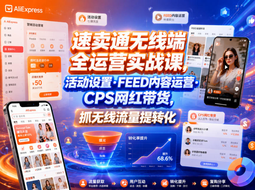 速卖通无线端全运营实战课，活动设置・FEED内容运营・CPS网红带货，抓无线流量提转化|小鸡网赚博客