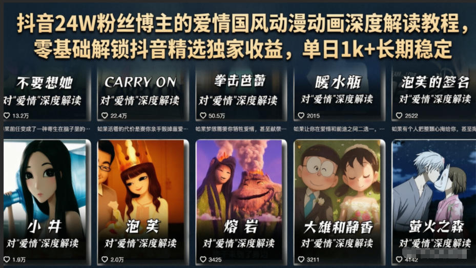 抖音24W粉丝博主的爱情国风动漫动画深度解读教程，零基础解锁抖音精选独家收益，单日1k+长期稳定|小鸡网赚博客