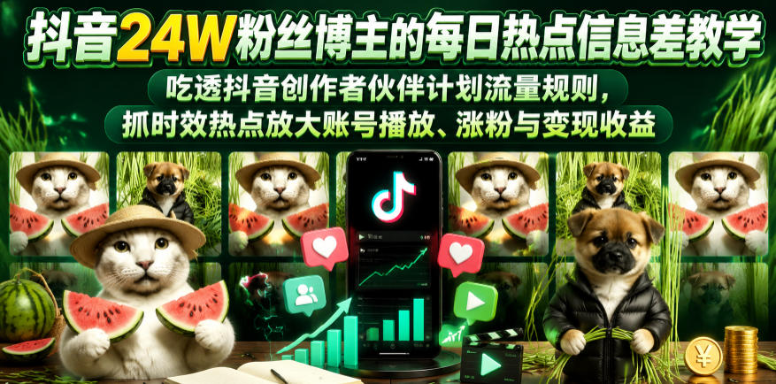抖音24W粉丝博主的每日热点信息差教学，吃透创作者伙伴计划流量规则，抓时效热点放大账号播放、涨粉与变现收益(更新)|小鸡网赚博客