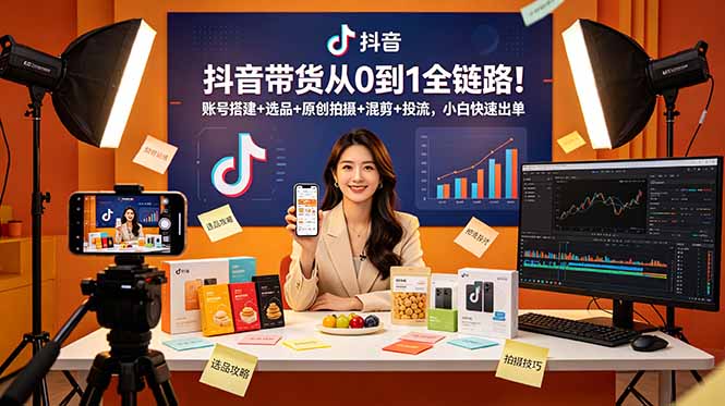 抖音带货从0到1全链路！账号搭建+选品+原创拍摄+混剪+投流，小白快速出单|小鸡网赚博客