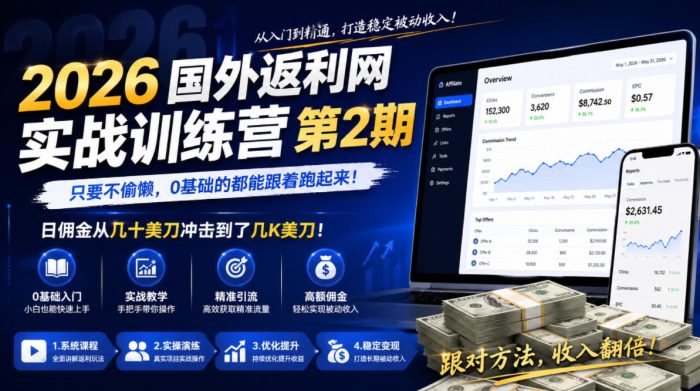 2026年国外返利网实战训练营第2期，只要不偷懒，0基础的都能跟着跑起来，日佣金从几十美刀冲击到了几K美刀|小鸡网赚博客