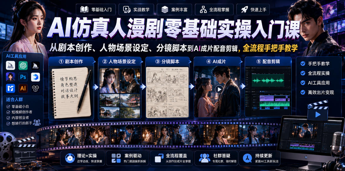 AI仿真人漫剧零基础实操入门课，从剧本创作、人物场景设定、分镜脚本到AI成片配音剪辑，全流程手把手教学|小鸡网赚博客