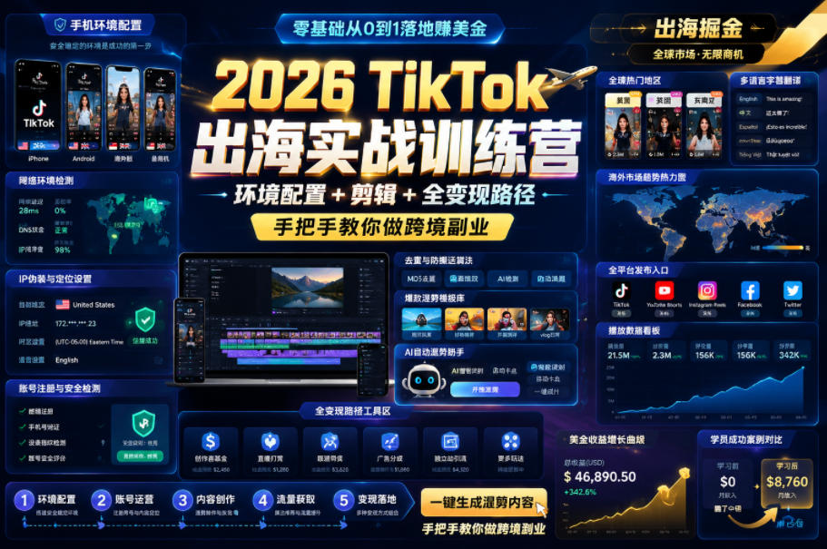 2026 TikTok出海实战训练营，环境配置 + 剪辑 + 全变现路径，手把手教你做跨境副业|小鸡网赚博客