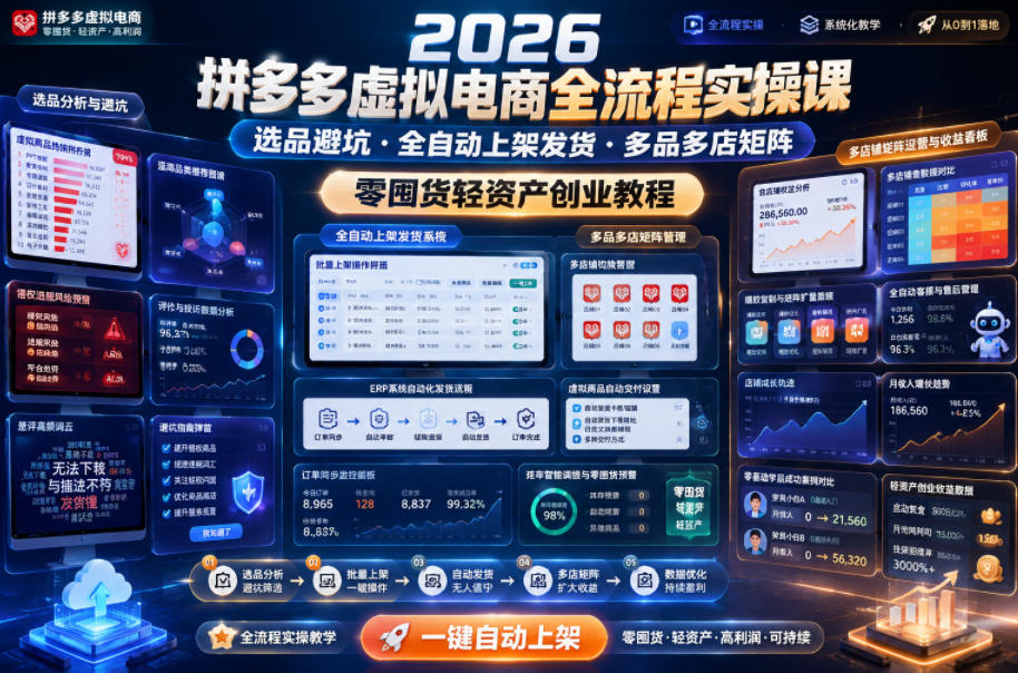2026拼多多虚拟电商全流程实操课，选品避坑・全自动上架发货・多品多店矩阵，零囤货轻资产创业教程|小鸡网赚博客