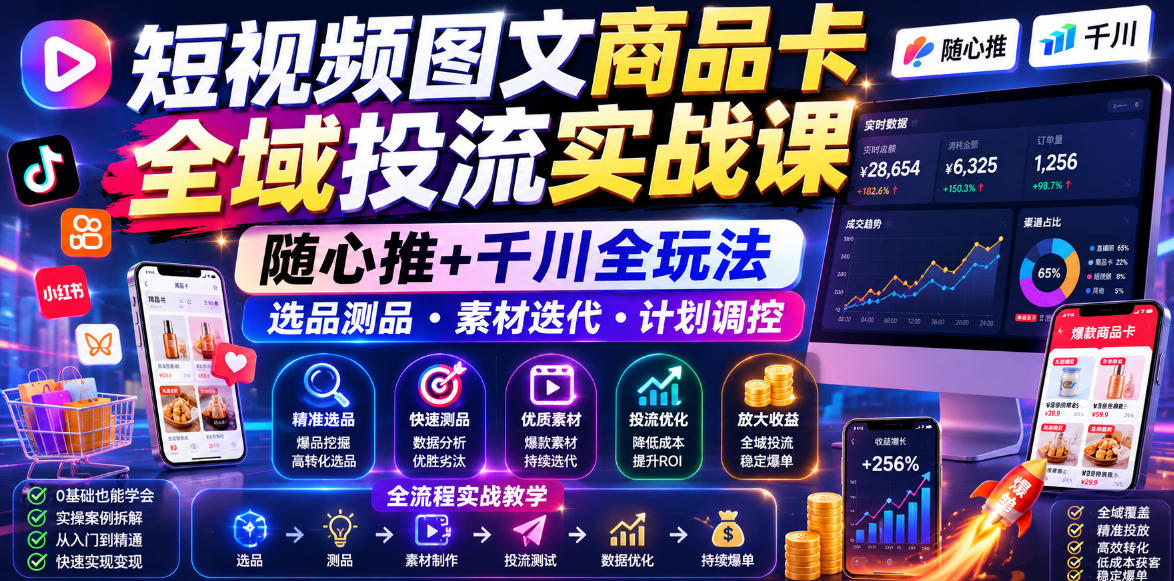 短视频图文商品卡全域投流实战课，随心推+千川全玩法，选品测品・素材迭代・计划调控，提升ROI爆单增收教程|小鸡网赚博客