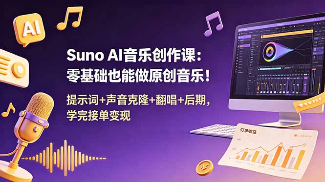 Suno AI音乐创作课：零基础也能做原创音乐！提示词+声音克隆+翻唱+后期，学完接单变现|小鸡网赚博客