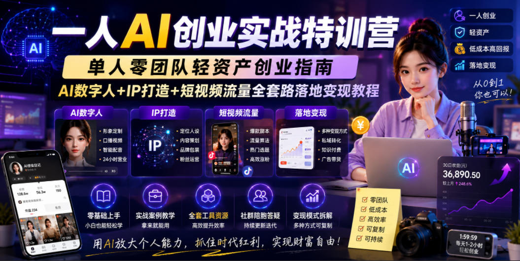 一人AI创业实战特训营，单人零团队轻资产创业指南，AI数字人+IP打造+短视频流量全套路落地变现教程|小鸡网赚博客