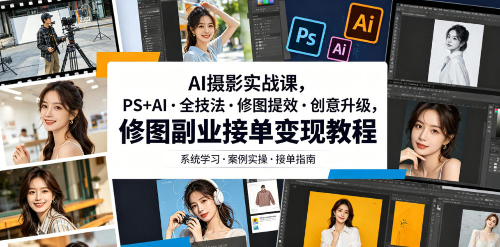 AI摄影实战课，PS+AI・全技法・修图提效・创意升级，修图副业接单变现教程|小鸡网赚博客