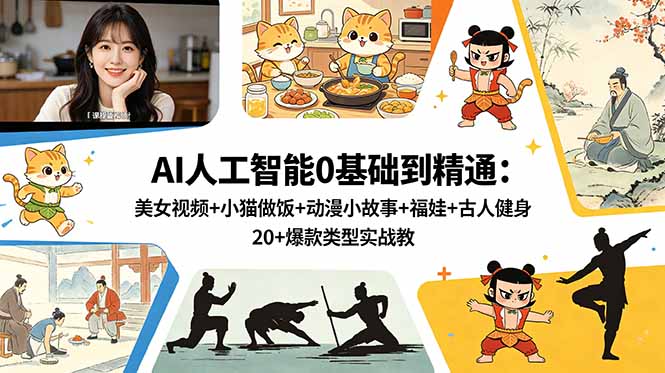 AI人工智能0基础到精通：美女视频+小猫做饭+动漫小故事+福娃+古人健身，20+爆款类型实战教学|小鸡网赚博客