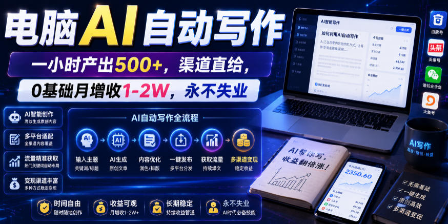 电脑AI自动写作，一小时产出500+，渠道直给，0基础月增收1-2W，永不失业【揭秘】|小鸡网赚博客
