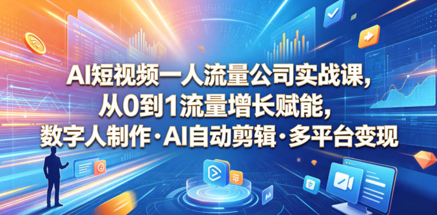 AI短视频一人流量公司实战课，从0到1流量增长赋能，数字人制作・AI自动剪辑・多平台变现，一人做流量生意全落地教程|小鸡网赚博客