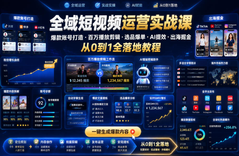 全域短视频运营实战课，爆款账号打造・百万播放剪辑・选品爆单・AI提效・出海掘金，从0到1全落地教程|小鸡网赚博客