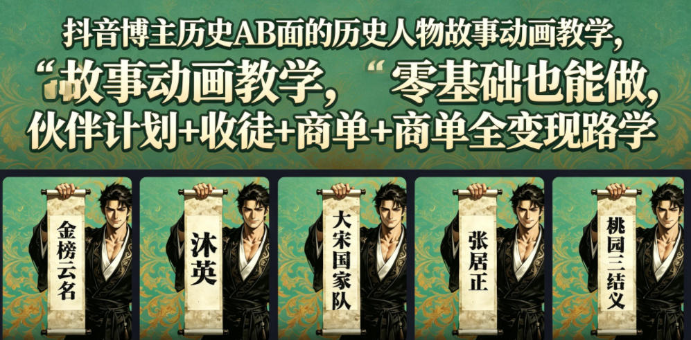 抖音博主历史AB面的历史人物故事动画教学，零基础也能做，伙伴计划+收徒+商单全变现路径教学|小鸡网赚博客