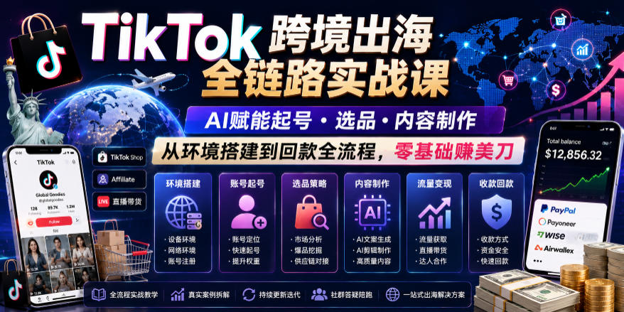 TikTok跨境出海全链路实战课，AI赋能起号・选品・内容制作，从环境搭建到回款全流程，零基础賺美刀|小鸡网赚博客