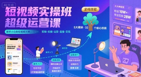 短视频实操班超级运营课，新手小白到短视频大神必修课程，剪辑-拍摄-运营-直播-变现|小鸡网赚博客