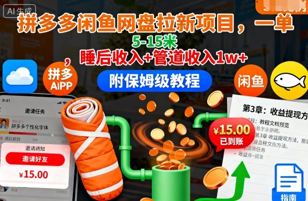 拼多多闲鱼网盘拉新项目，一单5-15米，睡后收入+管道收入1w+（附保姆级教程）|小鸡网赚博客