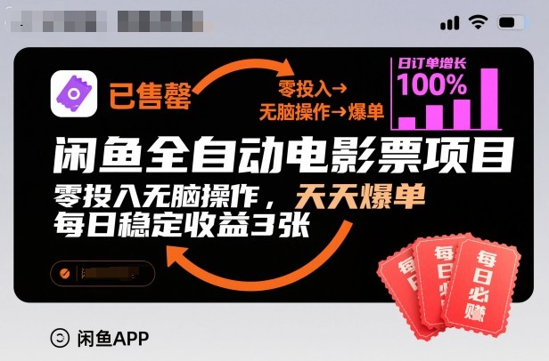 闲鱼全自动电影票项目,零投入无脑操作,天天爆单,每日稳定收益3张【揭秘】|小鸡网赚博客