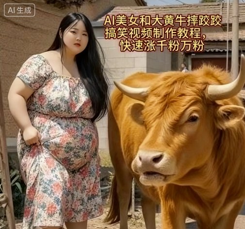 AI美女和大黄牛摔跤搞笑荒诞视频制作教程，快速涨千粉万粉|小鸡网赚博客