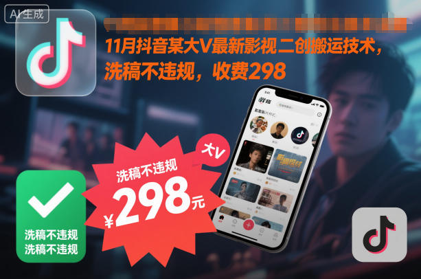 11月抖音某大V最新影视二创搬运技术，洗稿不违规，收费298|小鸡网赚博客