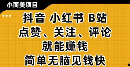 小而美的项目，抖音小红书B站视频点赞、关注、评论就能挣钱，简单无脑立见收益，妥妥的零撸项目【揭秘】|小鸡网赚博客