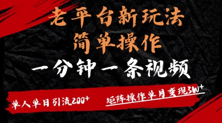 老平台，新玩法，简单操作，一分钟一条视频，单人单人引流200+矩阵操作，单月变现过w|小鸡网赚博客