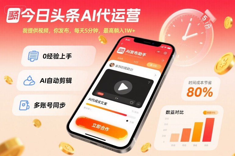 今日头条AI代运营，我提供视频，你发布，每天5分钟，最高躺入1W+【揭秘】|小鸡网赚博客