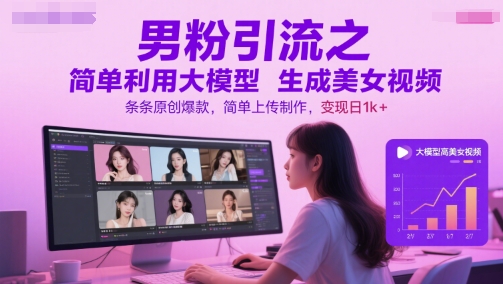 男粉引流之简单利用大模型生成美女视频，条条原创爆款，简单上传制作，变现日1k+|小鸡网赚博客