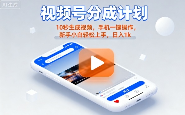 视频号分成计划懒人玩法，10秒生成视频，手机一键操作，新手小白轻松上手，日入1K【揭秘】|小鸡网赚博客