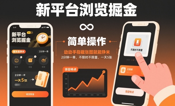 新平台浏览掘金，动动手指截张图就能挣米，2分钟一单，不限时不限量，一天5张【揭秘】|小鸡网赚博客