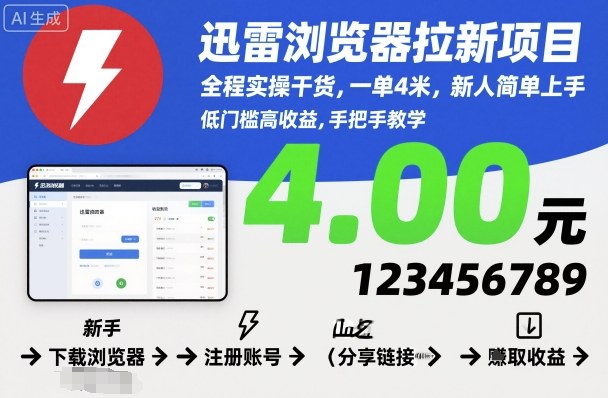 迅雷浏览器拉新项目,全程实操干货,一单4米,新人简单上手|小鸡网赚博客