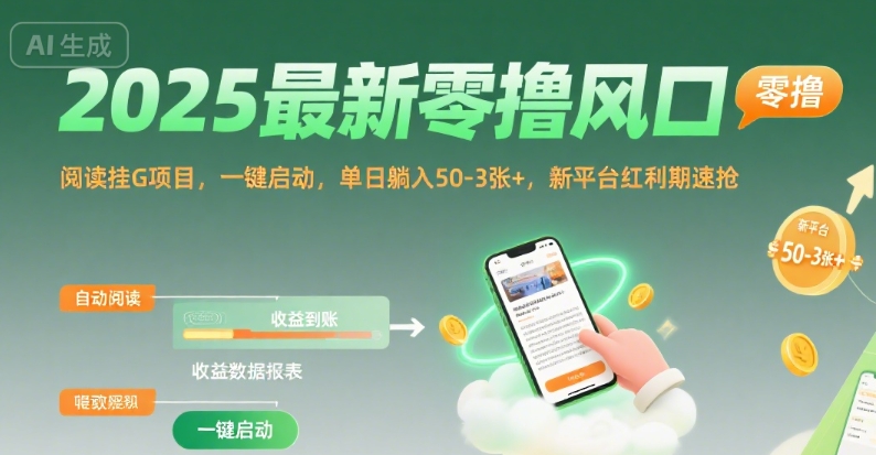 2025最新零撸风口，阅读挂G项目，一键启动，单日躺入 50-3张+，新平台红利期速抢【揭秘】|小鸡网赚博客