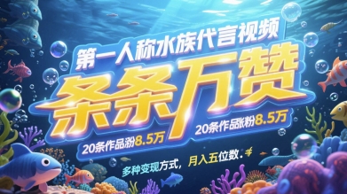 第一人称水族代言视频，条条万赞，20条作品涨粉7.8W，多种变现方式月入五位数|小鸡网赚博客