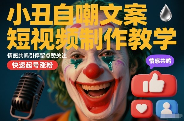 小丑自嘲文案短视频制作教学，情感共鸣引停留点赞关注，快速起号涨粉|小鸡网赚博客