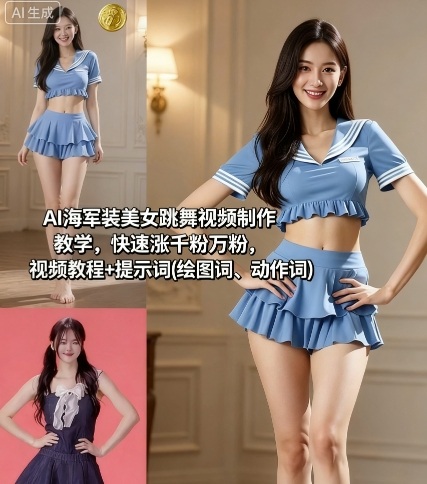 AI海军装美女跳舞视频制作教学，快速涨千粉万粉，视频教程+提示词(绘图词、动作词)|小鸡网赚博客