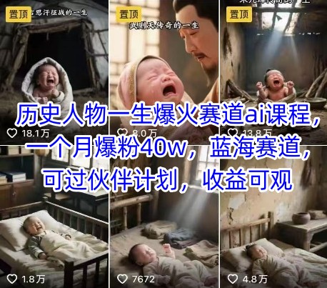 历史人物一生爆火赛道ai课程，一个月爆粉40w，蓝海赛道，可过伙伴计划，收益可观|小鸡网赚博客