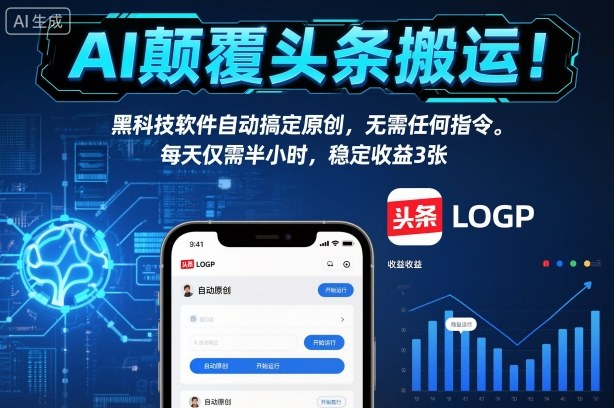 AI颠覆头条搬运！黑科技软件自动搞定原创，无需任何指令。每天仅需半小时，稳定收益3张【揭秘】|小鸡网赚博客
