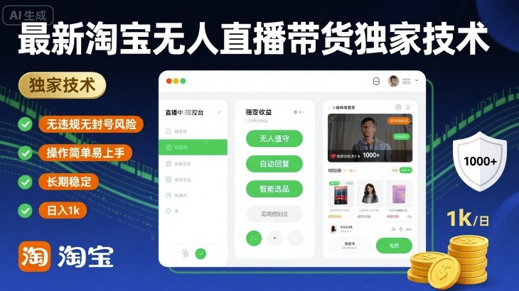 最新淘宝无人直播带货独家技术，无违规无封号风险，操作简单易上手，长期稳定日入1k【揭秘】|小鸡网赚博客