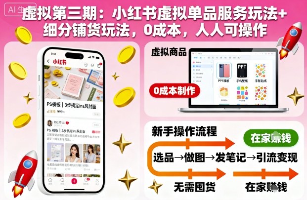 虚拟第三期：小红书虚拟单品服务玩法+细分铺货玩法，0成本，人人可操作|小鸡网赚博客