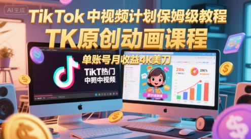 TikTok中视频计划保姆级教程，TK原创动画课程，单账号月收益4k美刀|小鸡网赚博客