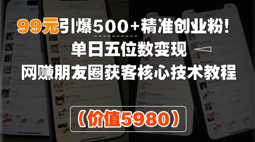 99元引爆500+精准创业粉！单日五位数变现，网创朋友圈获客核心技术教程|小鸡网赚博客