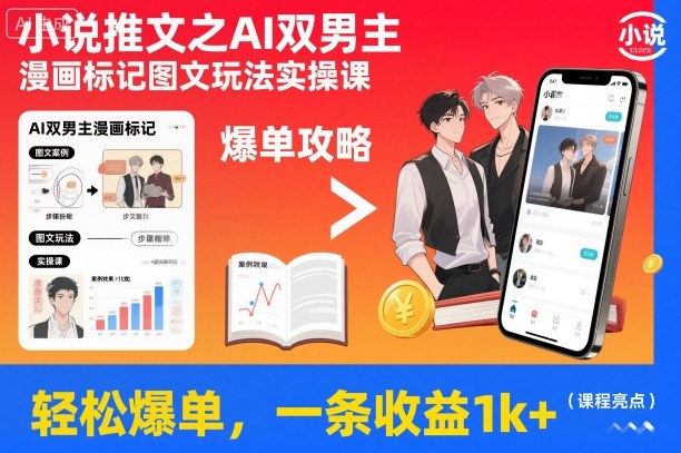 小说推文之AI双男主漫画标记图文玩法实操课，轻松爆单，一条收益1k+|小鸡网赚博客