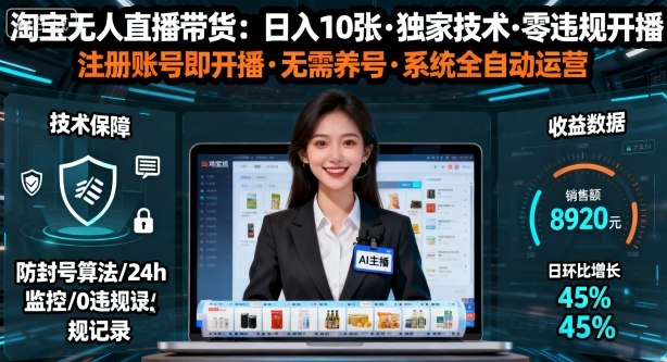 【最新】淘宝无人直播带货，日入10张，独家技术，无违规无封号，注册账号直接开播，不用养号【揭秘】|小鸡网赚博客