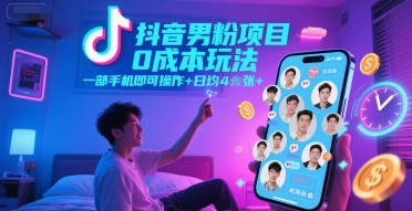 抖音男粉项目0成本玩法，一部手机即可操作，日均4张+，时间自由|小鸡网赚博客