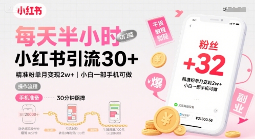 每天半小时小红书引流30+，精准粉单月变现2w+，小白新手一部手机可做，今天5分钟硬核实操|小鸡网赚博客