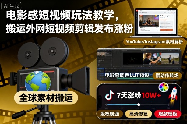 电影感短视频玩法教学，搬运外网短视频剪辑发布涨粉|小鸡网赚博客