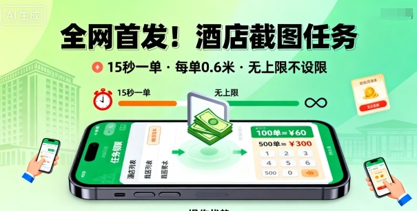 全网首发！酒店截图任务，15秒一单，每单0.6米，任务无上限不设限，矩阵操作单日3张到手【揭秘】|小鸡网赚博客