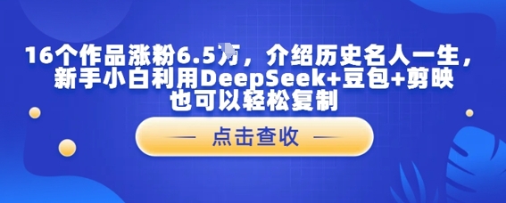 16个作品涨粉6.5W，介绍历史名人一生，新手小白利用DeepSeek+豆包+剪映也可以轻松复制|小鸡网赚博客